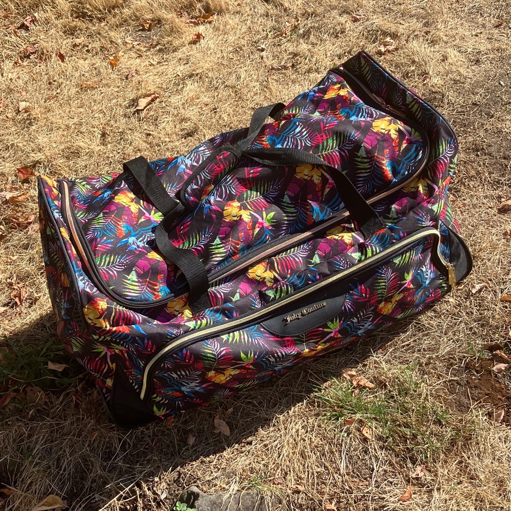 Juicy Couture Black w. Purple Yellow Tropical Leaves Duffle Travel Bag 30x14x16"